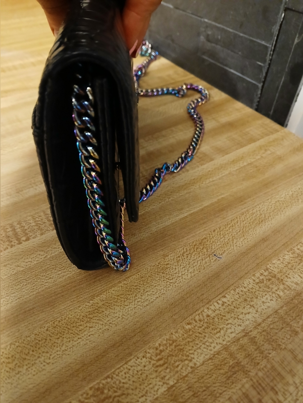 Kurt Geiger Black Croc Embossed Clutch or Crossbody with Multicolor Chain - Picture 6 of 9